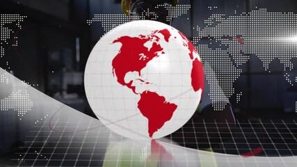 Poster - Rotating red globe with digital world map animation on grid background