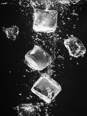Poster - Ice cubes falling into water creating bubbles in a dark background for a refreshing cool effect