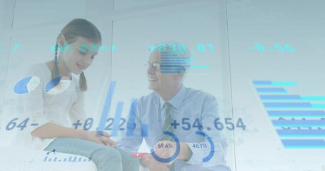 Poster - In school, child and older man studying financial data charts with animation
