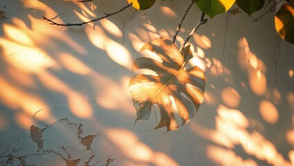 Poster - Sunlight filters through leaves creating beautiful patterns on a textured wall outdoors in the late afternoon