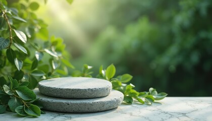 Poster - Stone podium for product presentation. Green leaves background. Natural eco design for cosmetic, beauty, fashion brand. Marketing commercial scene, product display. Blank space, empty place for text