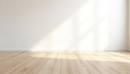 Poster - Minimalist bright empty room with wooden floor and white wall. Sunlight shadow on the wall creates modern loft style. Clean contemporary interior for design display or advertisement.