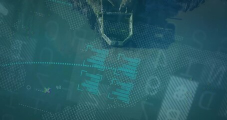 Poster - Digital data processing animation over aerial view of coastal landscape