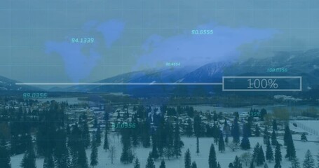 Poster - World map and data overlay animation over snowy landscape with trees
