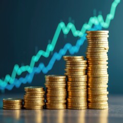 Aufkleber - Stacks of gold coins illustrate financial growth. Ascending graph background rising investment markets. Concept of money savings, business profit, banking, market success. Ideal for financial