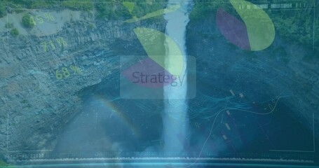 Poster - Waterfall landscape with Strategy text and data processing animation overlay