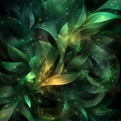 Poster - Ethereal Emerald Garden: Abstract Green and Gold Floral Pattern with Luminous Highlights and Sparkling Details