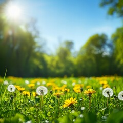 Poster - Golden Dandelions and Puffballs in a Sun-Kissed Meadow, Bright Blue Sky Above, Lush Green Trees in Background, a Serene Spring Day.