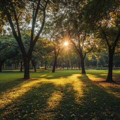 Poster - Golden Hour at the Park: Sunlight Filtering Through the Trees, Casting Shadows on the Lush Green Lawn 