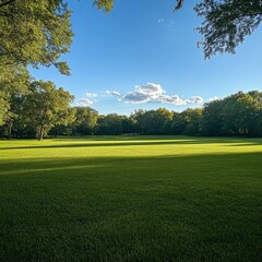 Poster - Idyllic Park Scene: Lush Green Lawn Bathed in Sunlight with Trees and a Blue Sky Canopy Above 