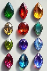 Poster - Assortment of Sparkling Gemstones in Various Colors and Shapes on a White Surface for Jewelry Design and Decoration