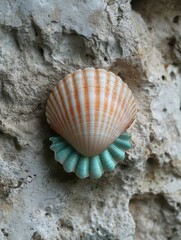 Poster - Seashell Adornment on Weathered Stone Wall Capturing Coastal Charm with Textured Surface and Intricate Details in Natural Light