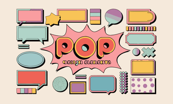A collection of retro pop-style design elements including speech bubbles, easily editable.