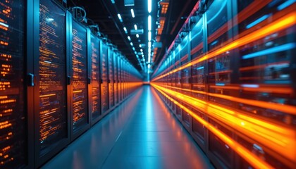 Poster - Server racks with data transfer flow lines. Digital information transfer in datacenter. Cloud computing, cyberspace, internet infrastructure, cybersecurity tech solutions.
