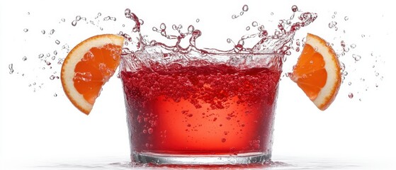 Poster - Refreshing citrus splash in a glass of vibrant red drink against a clean white background creating a dynamic and invigorating visual