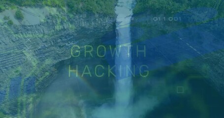 Poster - Waterfall landscape with Growth Hacking text and digital data overlay animation