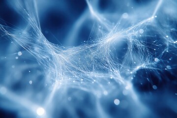 Poster - Ethereal network of interconnected light strands creating a sense of connectivity and innovation on blue background