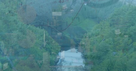 Poster - Animation of financial data charts overlaying river flowing through lush forest