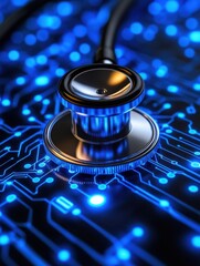 Poster - Digital Health Concept Stethoscope on Blue Circuit Board Background High Tech Medicine Innovation Futuristic Healthcare System Electronic Diagnosis Technology