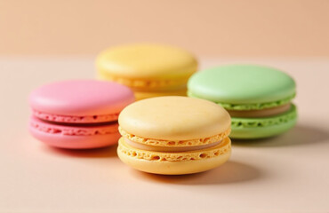 Poster - Pink, Yellow, And Green Macaroon Cookies Are Showcased On A Soft Beige Surface In A Visually Appealing Product Image Display.