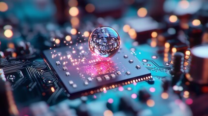 Poster - Microchip with reflective sphere shows intricate technology and electronic components in a dynamic setting