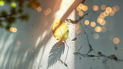 Poster - Leaf resting on cracked surface with shadows and light reflections in a serene outdoor setting