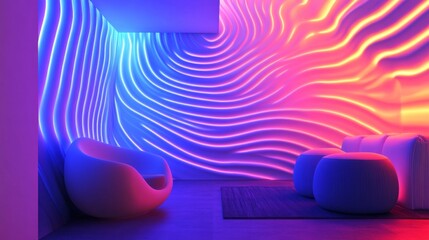 Poster - Dynamic led light waves modern living room digital art contemporary space bold colors embracing futuristic design