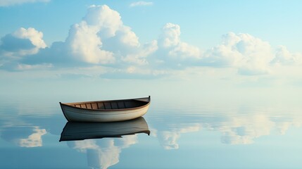 Poster - A small wooden boat floating in an infinite sky instead of water.