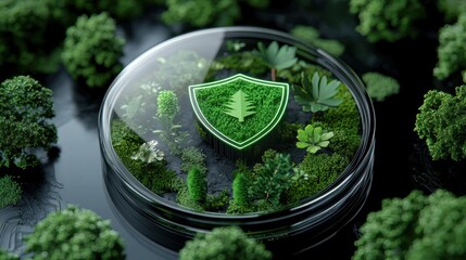 Poster - A glass container with a green plant and a tree on it