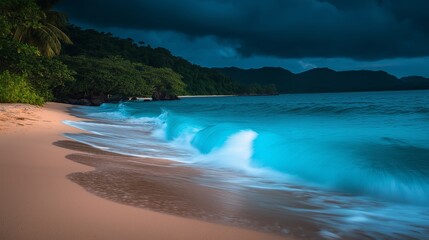Aufkleber - A stunning bioluminescent beach with glowing blue waves crashing onshore.