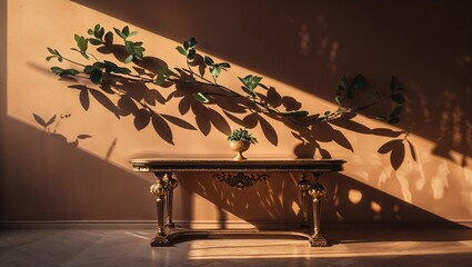 Poster - elegant wooden table with plant and shadows creating artistic patterns in warm light