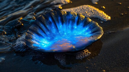 Poster - A stunning bioluminescent beach with glowing blue waves crashing onshore.