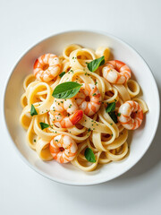 Poster - A Steaming Plate Of Linguini Is Served With Succulent Shrimps, Crisp Fresh Oignons, And A Clean Minimalist White Background Setting.
