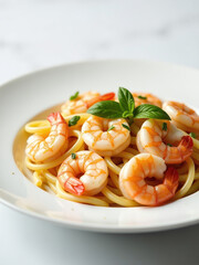 Poster - A Steaming Plate Of Linguini Is Served With Succulent Shrimps, Crisp Fresh Oignons, And A Clean Minimalist White Background Setting.