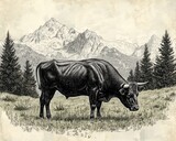 Majestic cow grazing in a serene mountain landscape with towering peaks