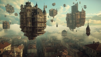 Poster - a surreal cityscape where all buildings are floating mid-air