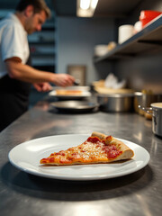 Poster - A Single Slice Of Pizza Sits Alone On A Clean White Plate, Awaiting Its Next Destination In A Busy Kitchen Environment Suddenly.