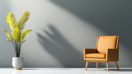 Poster - A tan chair sits in front of a wall with a plant in a white pot
