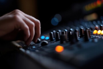 Poster - Hand Adjusting Audio Mixing Console Controls in Low Light