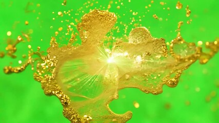 Poster - Golden Explosion against Emerald: A dynamic visual of golden liquid exploding against a vibrant green backdrop, showcasing the textures and patterns of the golden substance