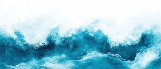 Poster - Abstract ocean wave art in watercolor style with sea foam and vibrant blue hues creating a serene and dynamic visual experience