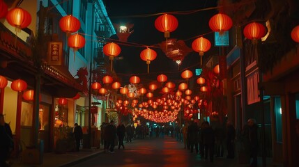 Poster - A vibrant Chinatown street at night, filled with glowing red lanterns