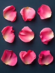Poster - Delicate pink rose petals arranged in a grid pattern on a dark blue background creating a soft and romantic floral arrangement with a minimalist style
