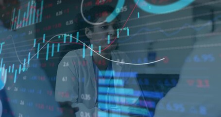 Poster - Analyzing data, medical professional with financial graphs overlayed in animation