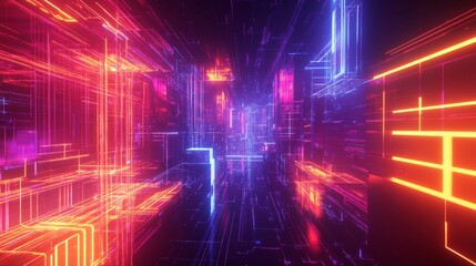 Poster - Futuristic visuals of neon light trails digital space animation cyber environment abstract concept