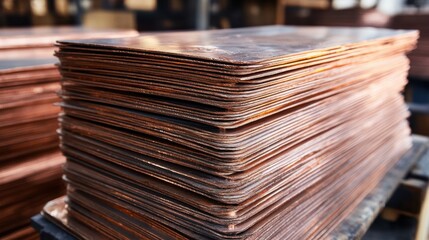 Poster - Stacked copper sheets industrial metal production material for construction manufacturing process