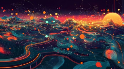 Poster - Vibrant abstract landscape art digital realm visual artwork futuristic environment aerial perspective creative concept