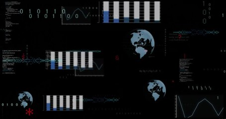 Poster - Digital data charts and world maps animation over black background
