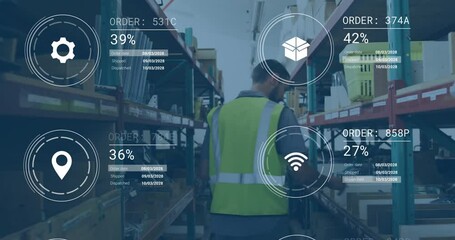 Poster - Warehouse worker in high-visibility vest with data processing animation overlay