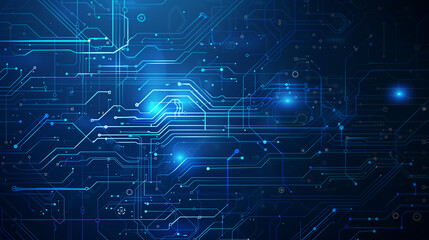 Abstract computer technology blue background banner futuristic business data technology modern concept, circuit board shape lines connecting link structure dark blue contrast